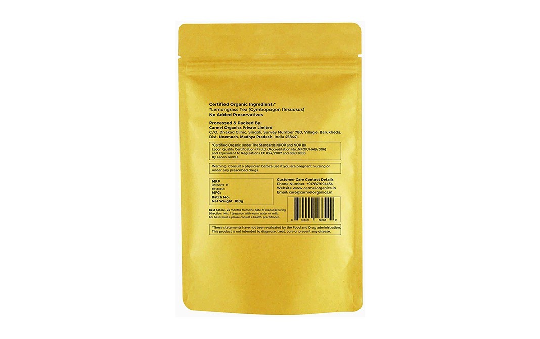 Carmel Organics Lemongrass Tea    Pack  100 grams
